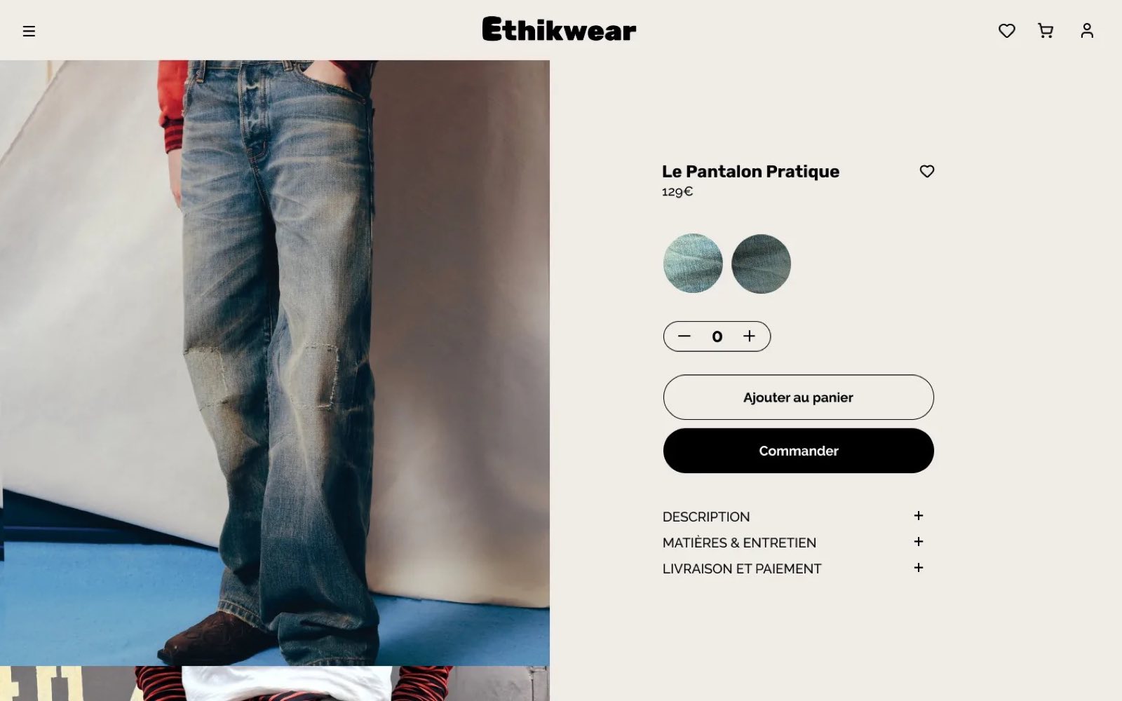 La page d'accueil du site Ethikwear : des mannequins en vêtements de la marque, sur fond clair.