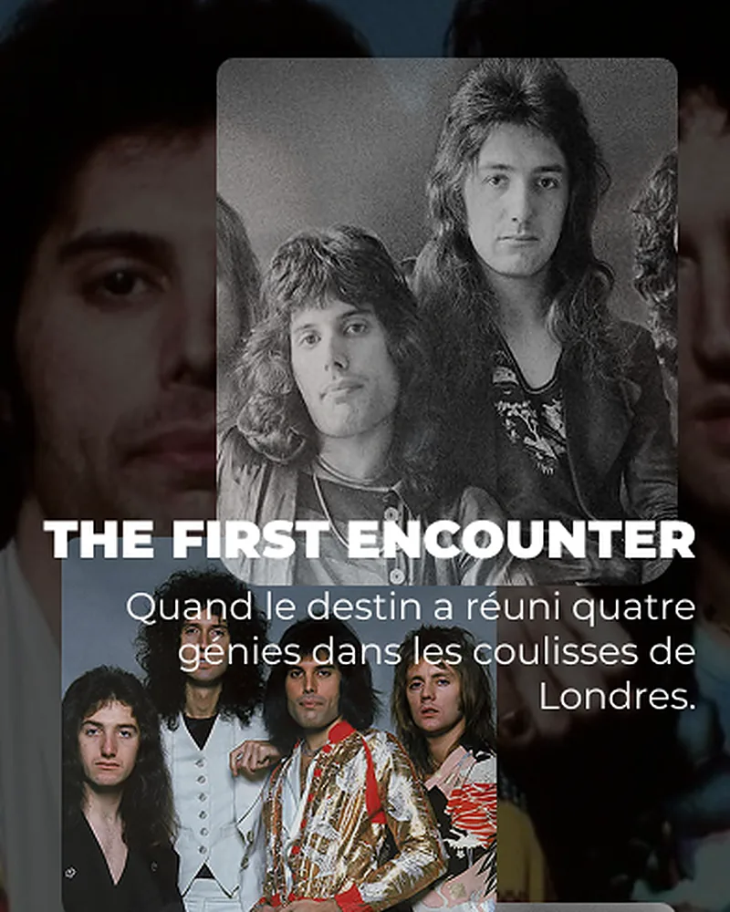 Maquette mobile de la page Experience : le titre The First Encounter et son texte, sur des photos du groupe.