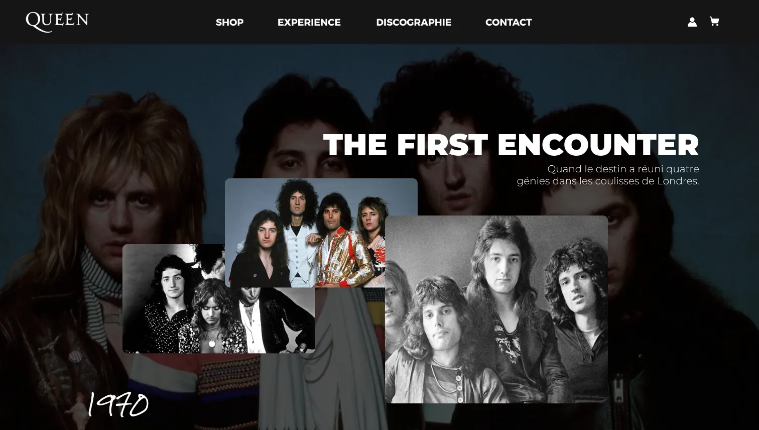 Maquette de la page Experience : titre The First Encounter, l'année 1970 et des photos du groupe en collage.