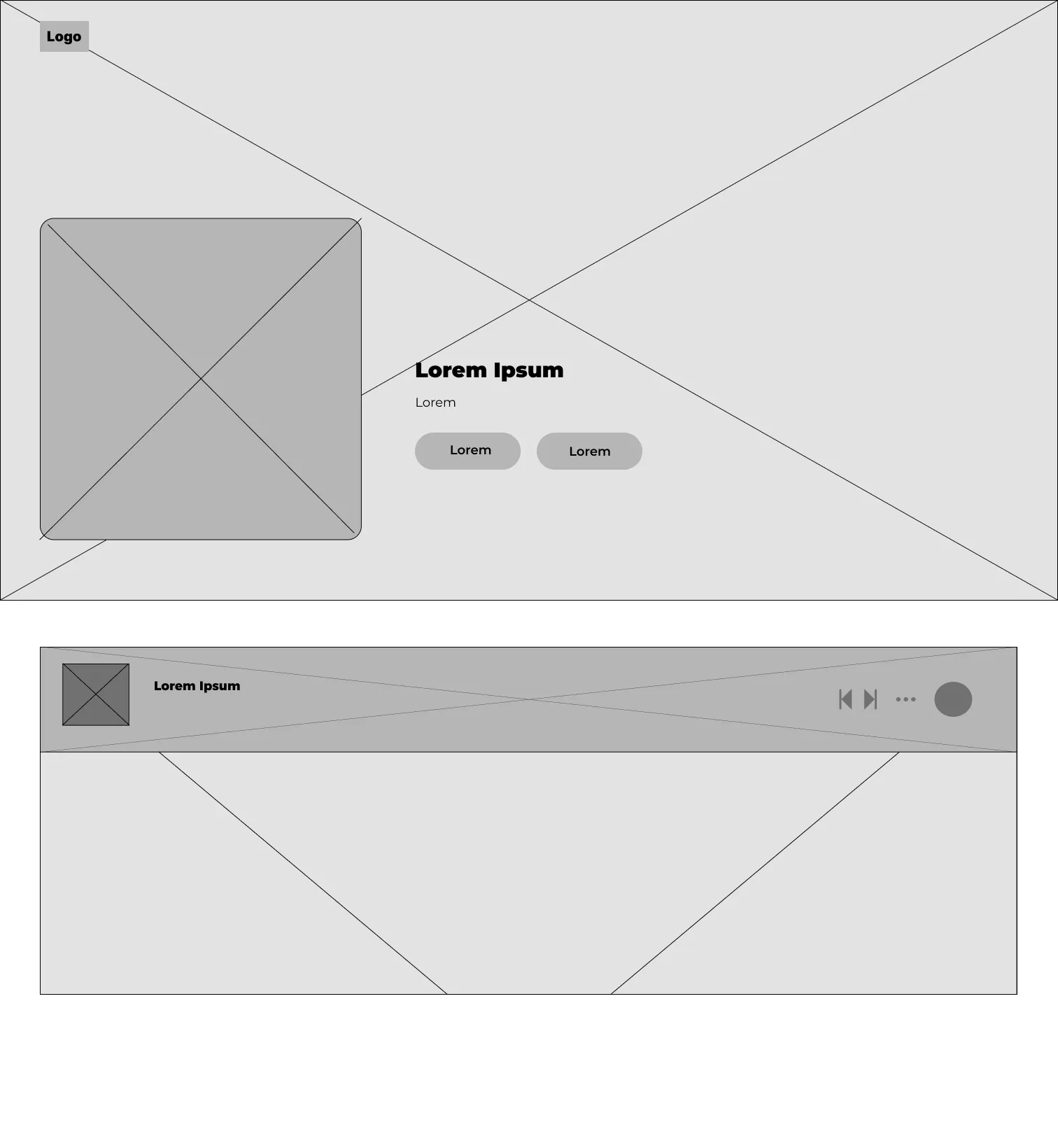 Wireframe de la fiche d'un album du site Queen : pochette barrée, titre, deux boutons et la barre du lecteur.