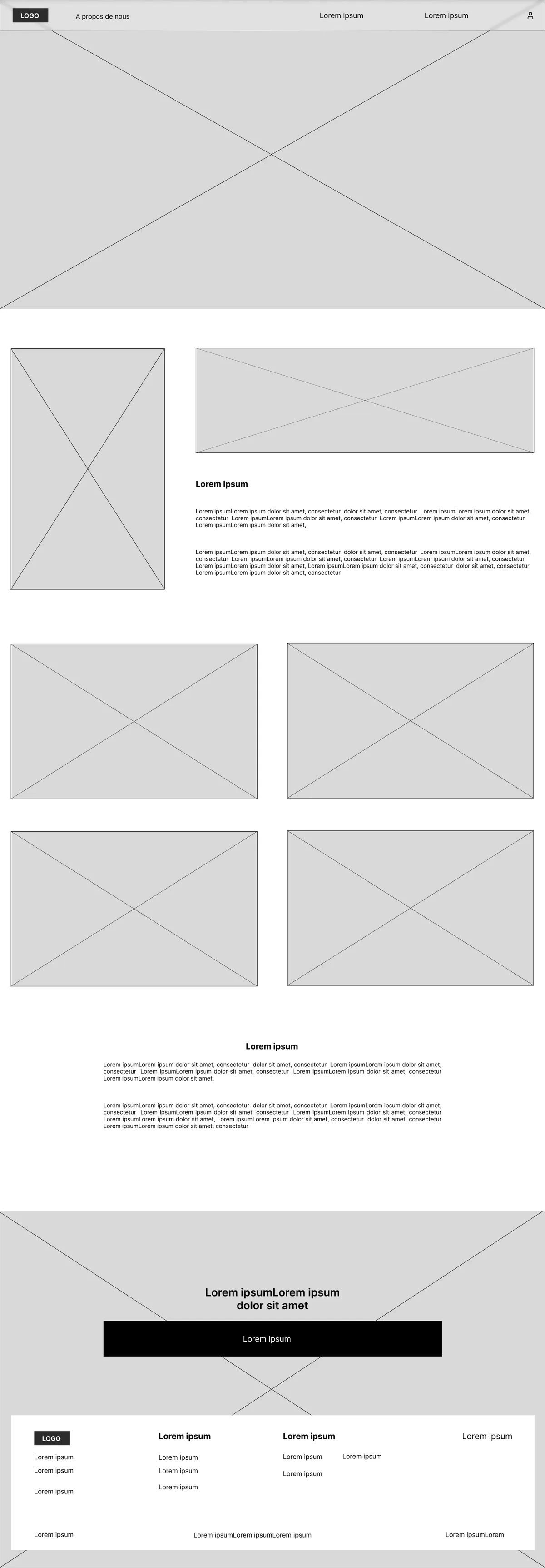 Wireframe en niveaux de gris de la page d'accueil d'Unik : blocs d'images, textes et bouton d'inscription.