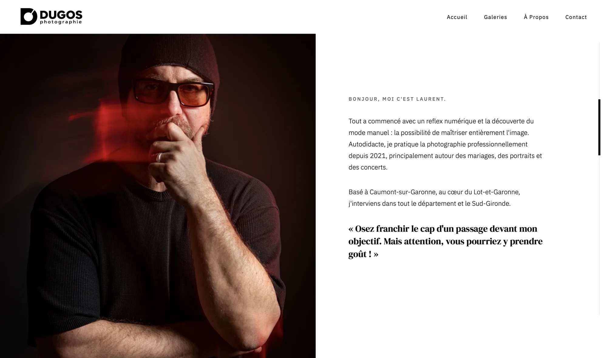 Page À propos : le portrait de Laurent et le texte Bonjour, moi c'est Laurent.