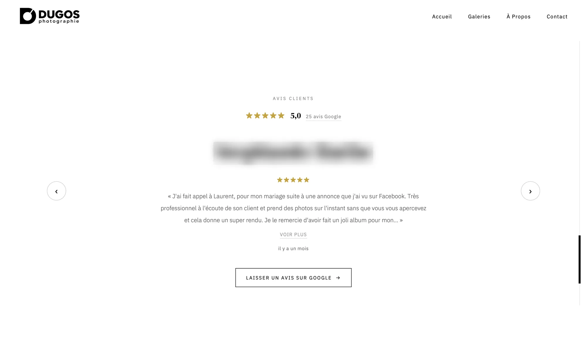 Bloc avis clients : note de 5,0 sur 25 avis Google et un avis en carrousel.