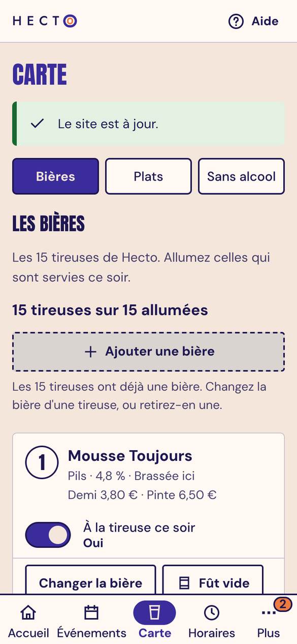 L'écran Carte de l'espace de gestion de Hecto sur téléphone : la liste des bières avec leur prix et un interrupteur pour les retirer quand le fût est vide.