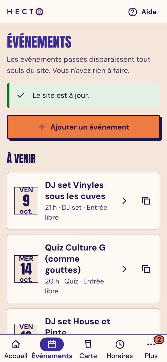 L'écran Événements de l'espace de gestion de Hecto sur téléphone : la liste des soirées à venir avec leur date et un bouton pour en ajouter une.