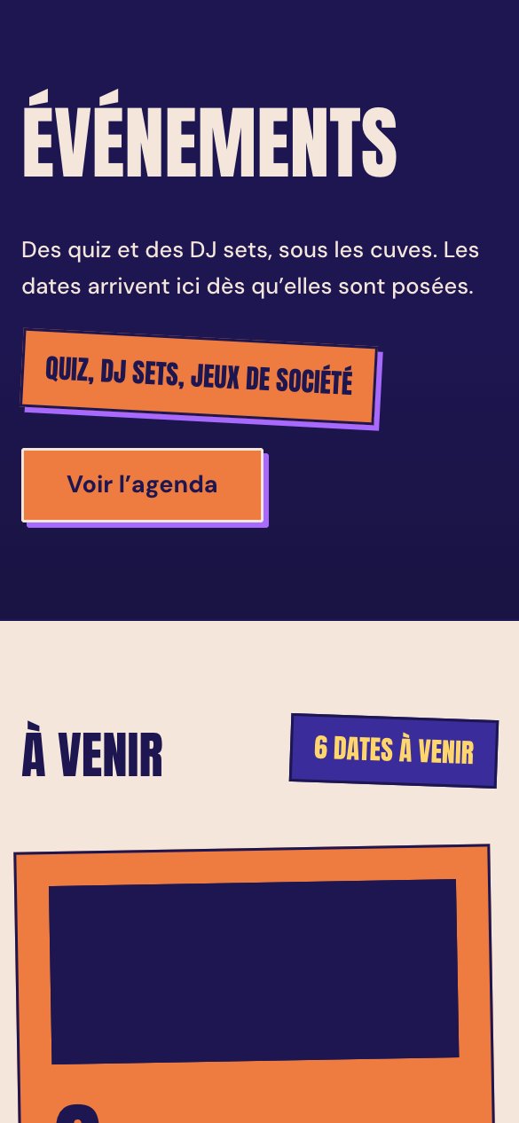 La page Événements du site de Hecto sur téléphone : le titre Événements sur fond nuit, la tuile orange Quiz, DJ sets, jeux de société, le bouton Voir l'agenda, puis le début de l'agenda À venir.