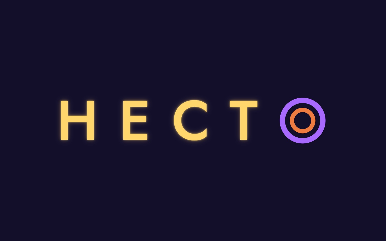 Le logo de Hecto : le mot HECT en jaune lumineux suivi d'un O formé de deux anneaux, violet et orange, sur fond nuit.