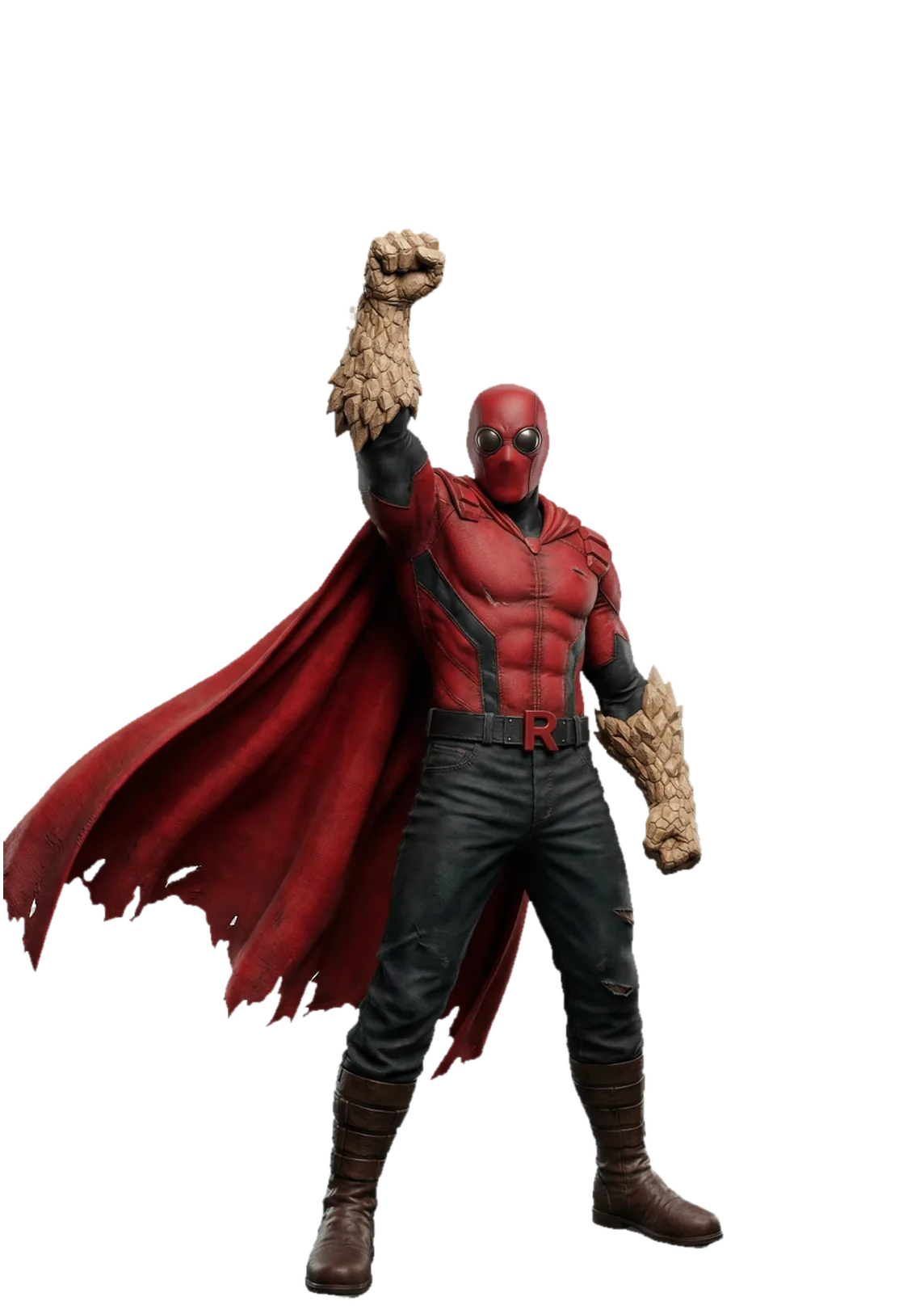 Le personnage de Redstone, détouré : costume rouge, cape et poing levé en roche.