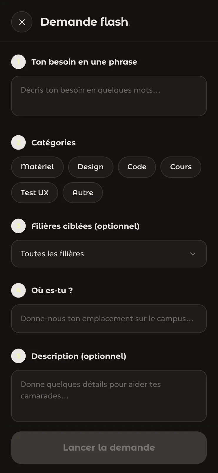 Création d'une demande flash dans Relay : un besoin en une phrase, des catégories (Matériel, Design, Code, Cours, Test UX, Autre), une filière et un lieu.