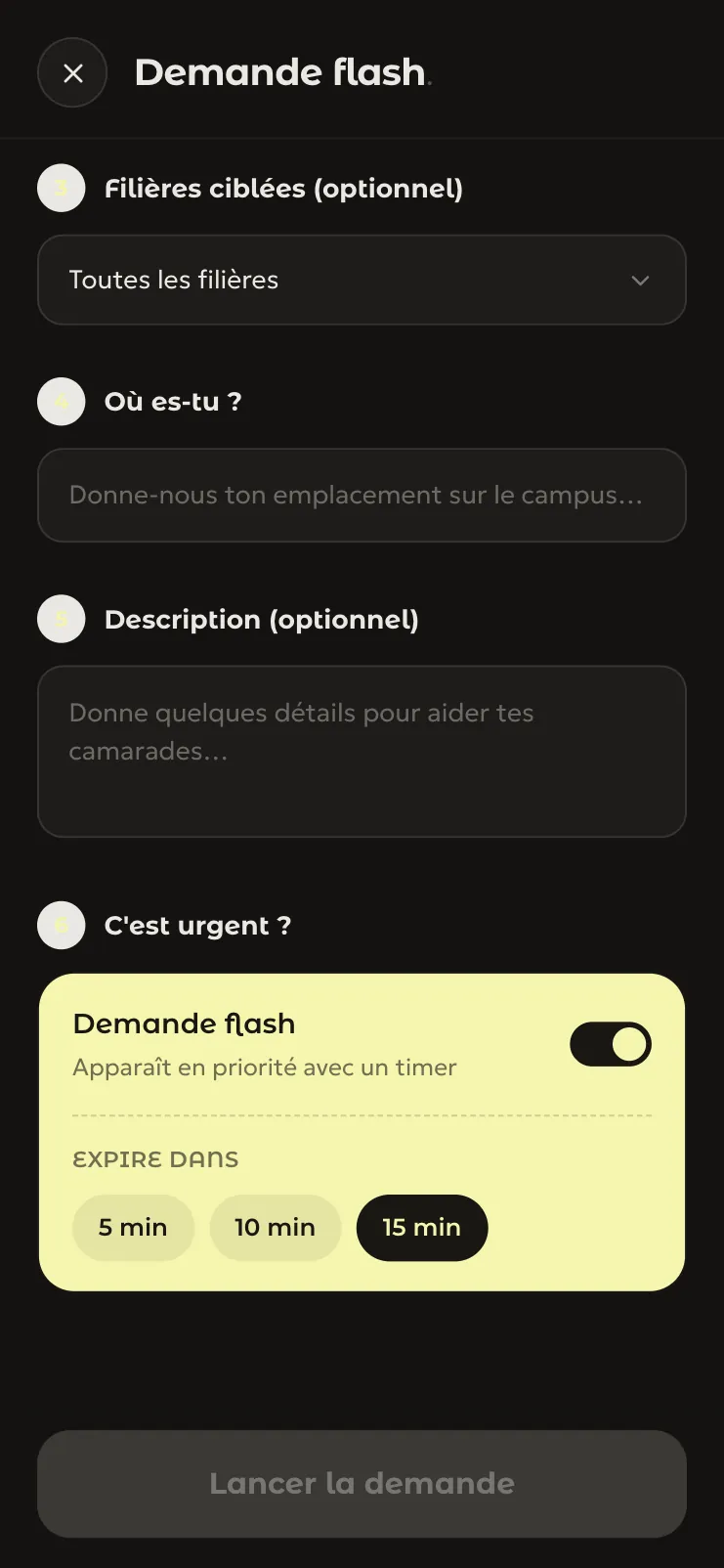 La fin du formulaire de demande flash : l'interrupteur Demande flash sur fond crème, avec l'expiration à 5, 10 ou 15 minutes.